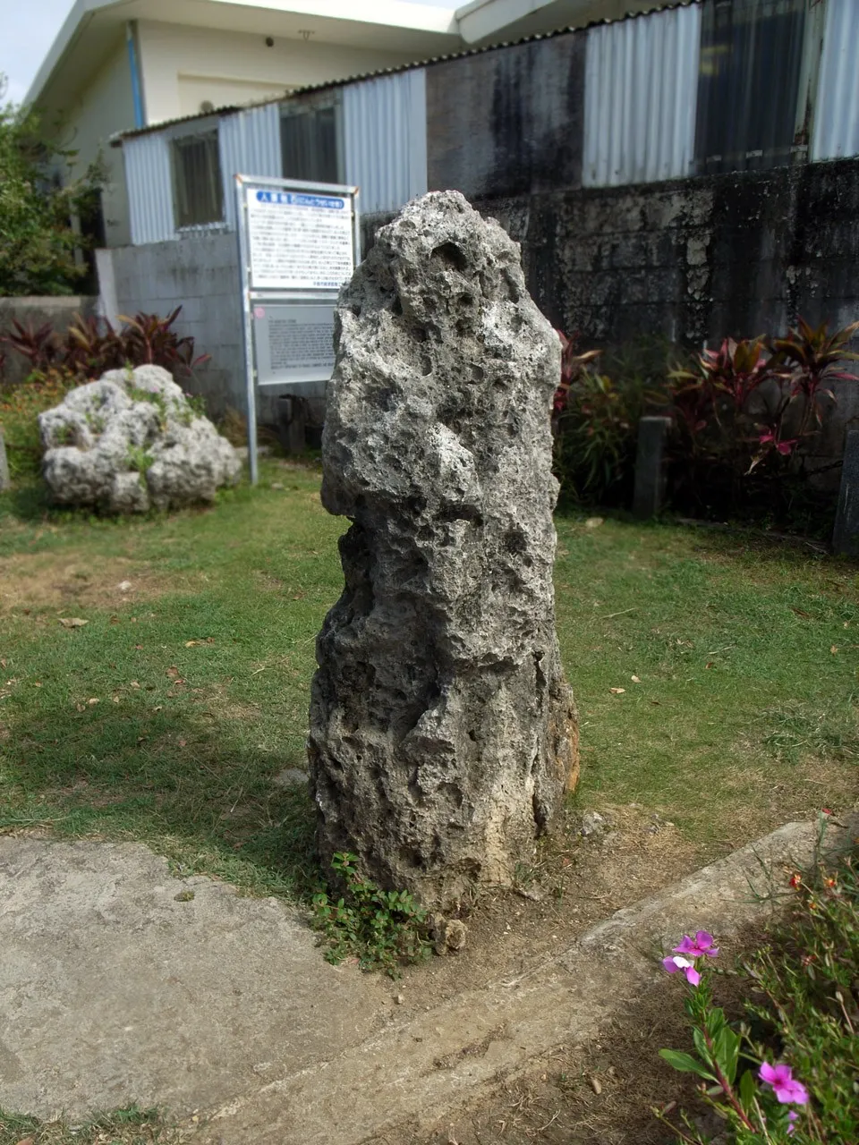 The Nintozeiseki poll-tax stone standing beside a road in Hirara