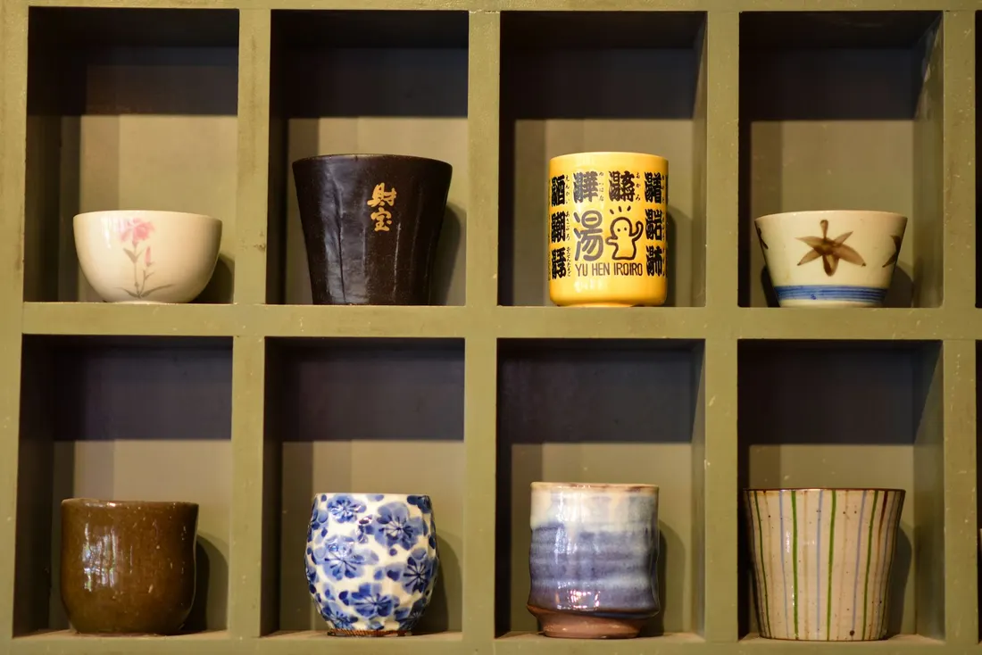 Blue-and-white porcelain on a shelf