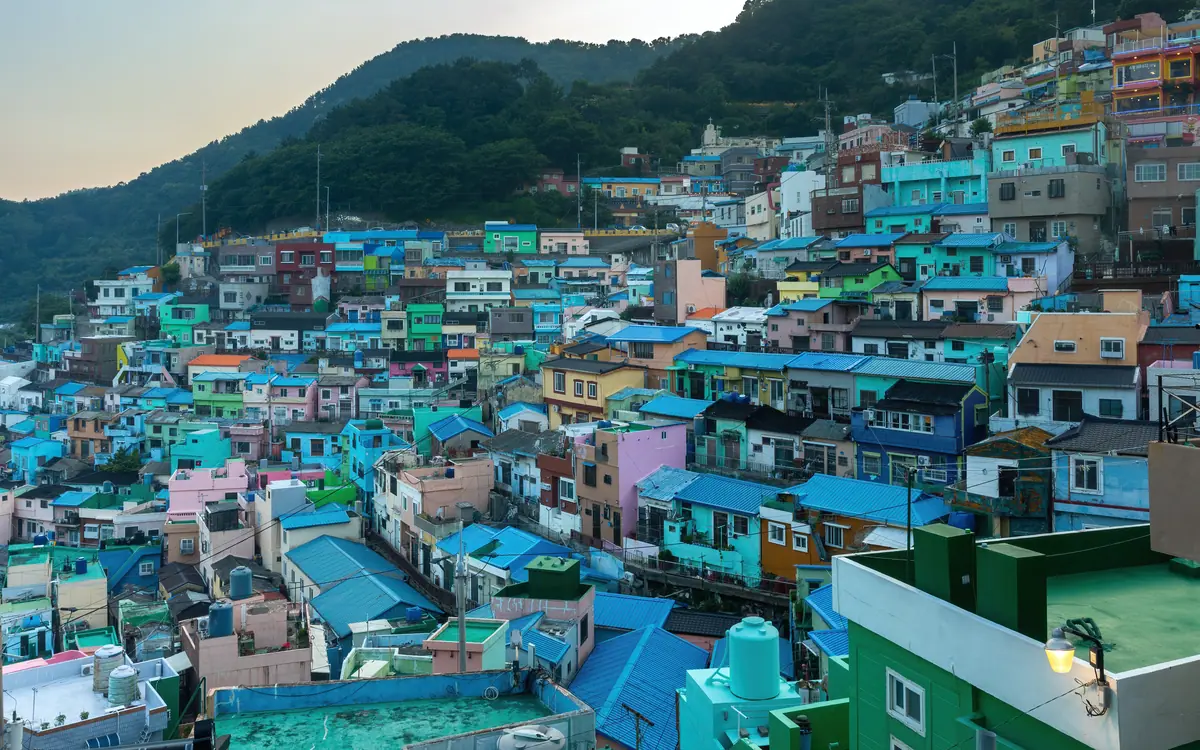 Colorful houses in Gamcheon Culture Village at sunset in Busan South Korea