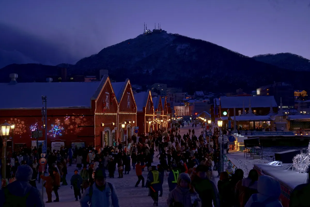 Kanemori Red Brick Warehouse and Mount Hakodate in winter