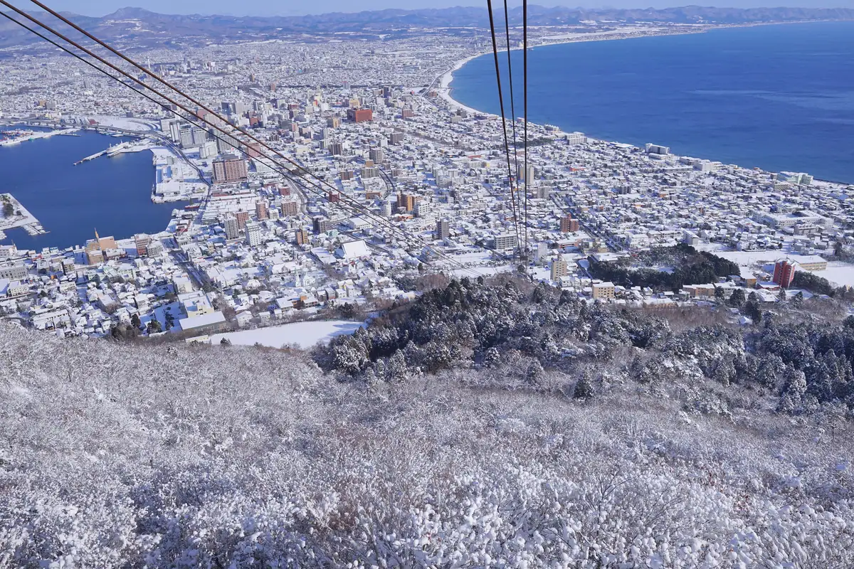 Looking down view from Mt. Hakodate Ropeway in winter