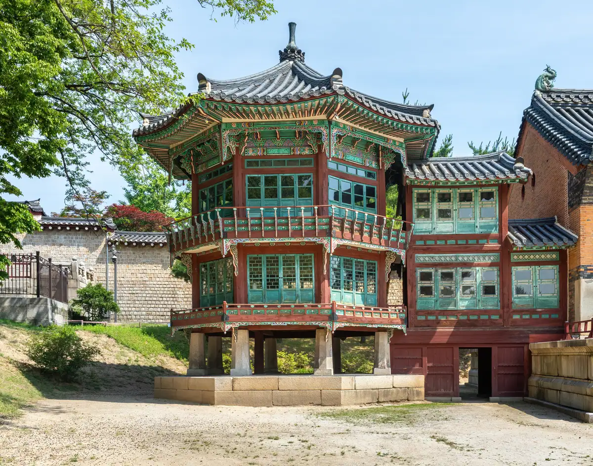 Front view of the tower of Jibokjae Hall under blue sky at Gyeongbokgung Palace in Seoul