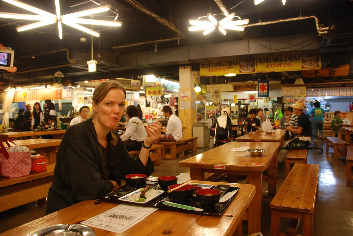 Having Bonito Tataki at Hirome Market's food court